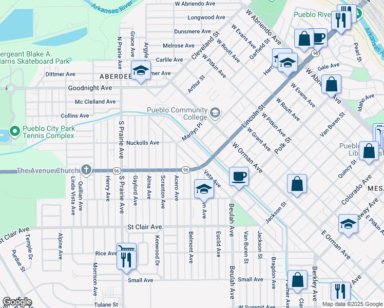 map of restaurants, bars, coffee shops, grocery stores, and more near 729 Veta Avenue in Pueblo