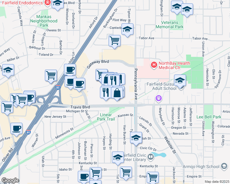 map of restaurants, bars, coffee shops, grocery stores, and more near 1420 Travis Blvd in Fairfield