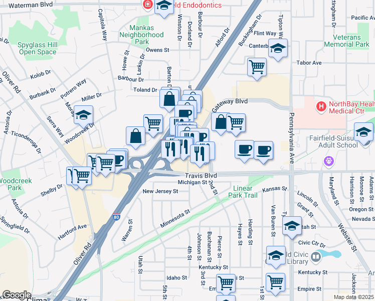 map of restaurants, bars, coffee shops, grocery stores, and more near 1730 Travis Boulevard in Fairfield