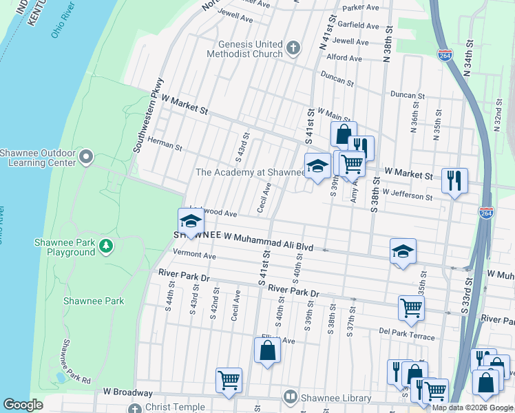 map of restaurants, bars, coffee shops, grocery stores, and more near 4122 Larkwood Avenue in Louisville