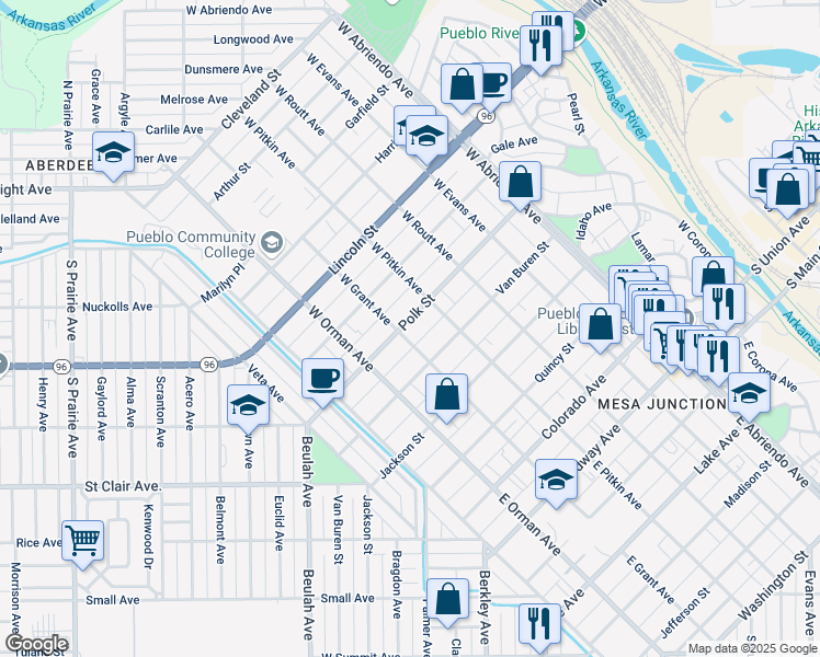 map of restaurants, bars, coffee shops, grocery stores, and more near 431 West Grant Avenue in Pueblo