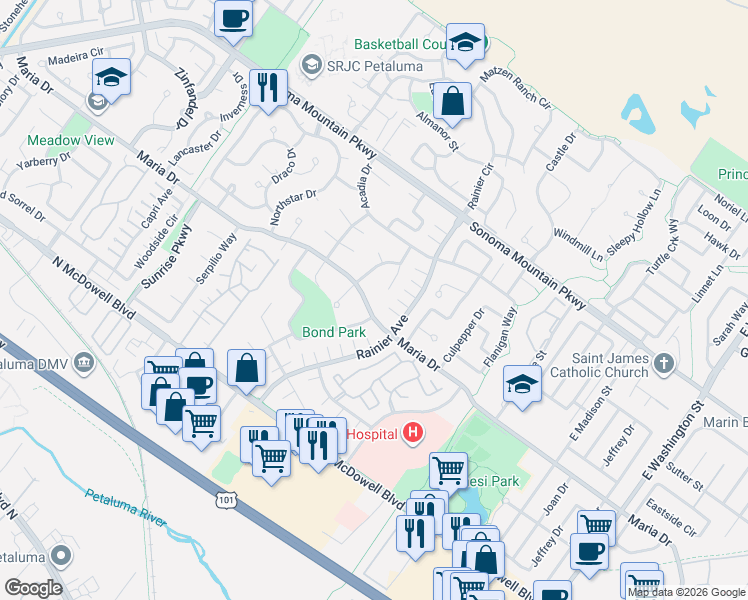 map of restaurants, bars, coffee shops, grocery stores, and more near 275 Banff Way in Petaluma