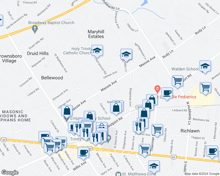 map of restaurants, bars, coffee shops, grocery stores, and more near 308 Exchange Avenue in Louisville