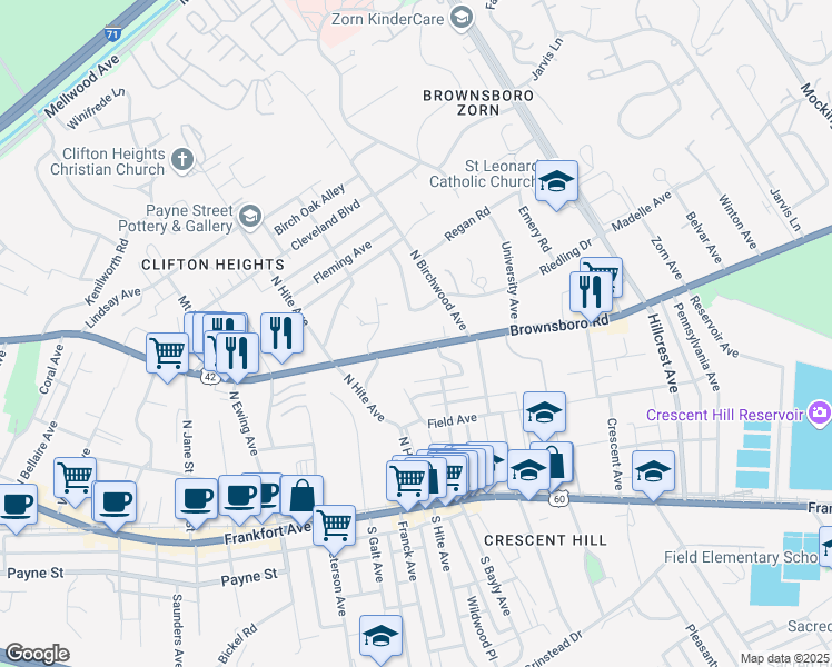 map of restaurants, bars, coffee shops, grocery stores, and more near 2726 Brownsboro Road in Louisville