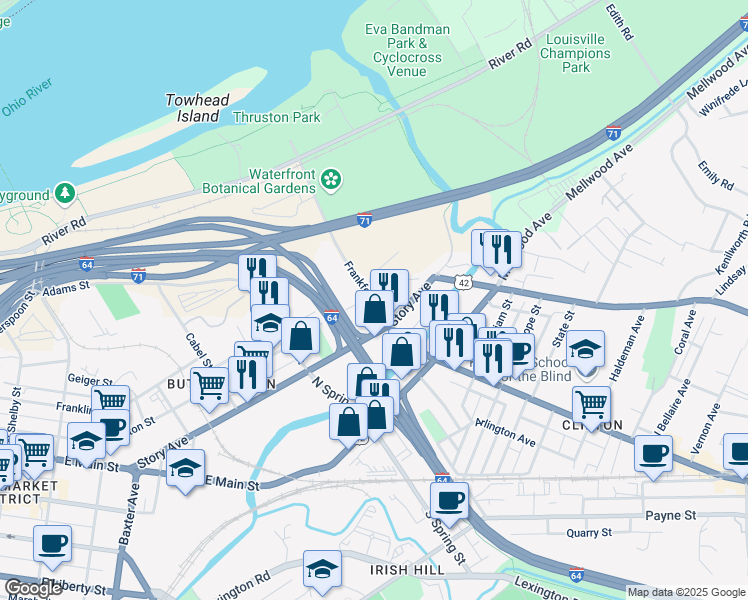 map of restaurants, bars, coffee shops, grocery stores, and more near 1583 Story Avenue in Louisville