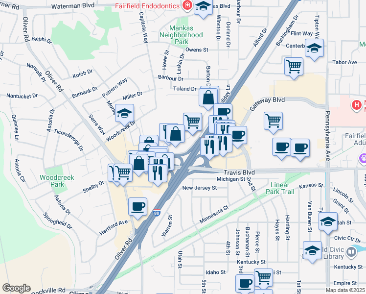 map of restaurants, bars, coffee shops, grocery stores, and more near Travis Boulevard in Fairfield