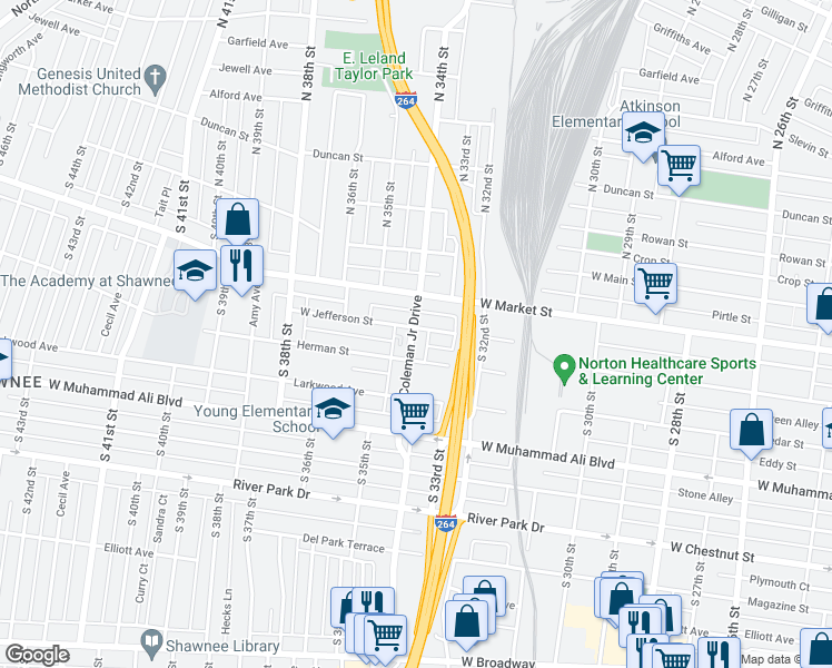 map of restaurants, bars, coffee shops, grocery stores, and more near 305 Louis Coleman Junior Drive in Louisville
