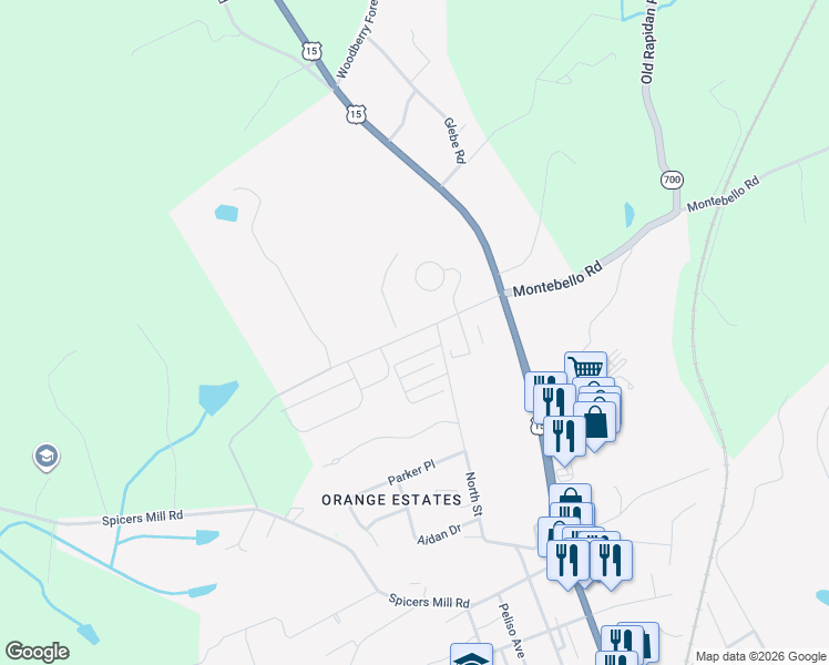 map of restaurants, bars, coffee shops, grocery stores, and more near Radney Road in Orange