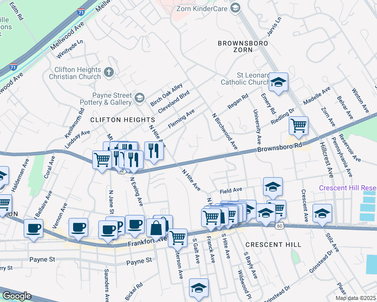 map of restaurants, bars, coffee shops, grocery stores, and more near in Louisville