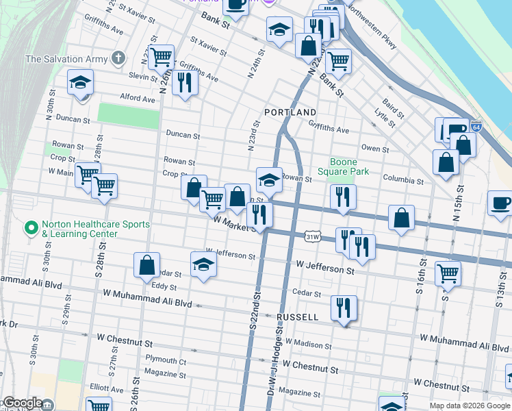 map of restaurants, bars, coffee shops, grocery stores, and more near 2216 West Main Street in Louisville