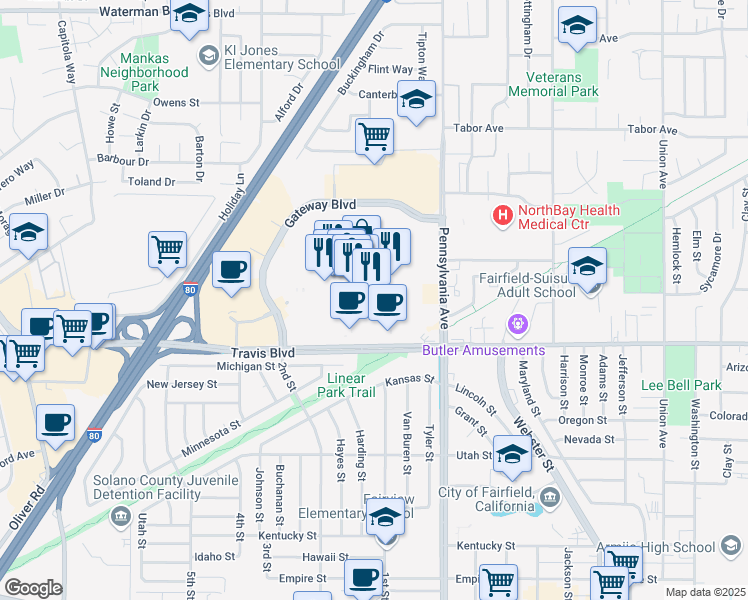 map of restaurants, bars, coffee shops, grocery stores, and more near 1420 Travis Boulevard in Fairfield