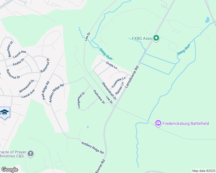 map of restaurants, bars, coffee shops, grocery stores, and more near 20 Shenandoah Drive in Fredericksburg