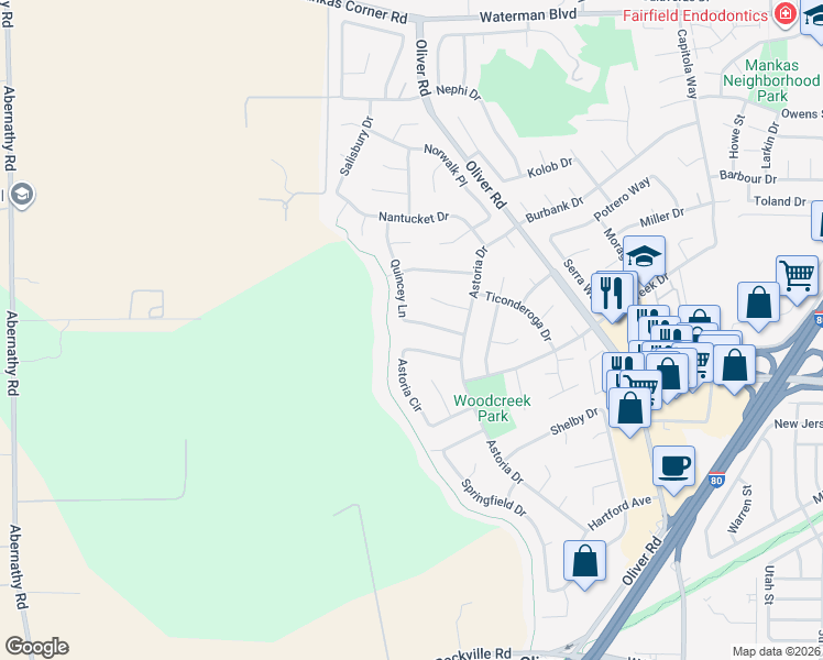 map of restaurants, bars, coffee shops, grocery stores, and more near 1669 Quincey Lane in Fairfield