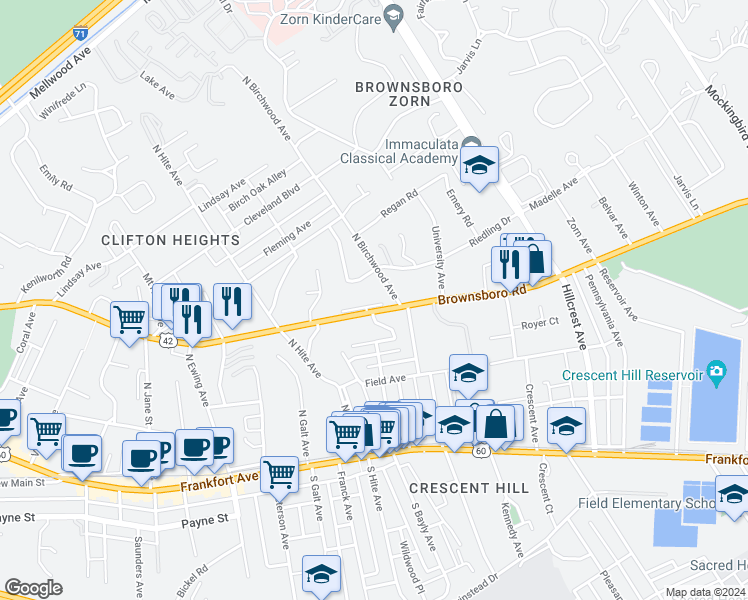 map of restaurants, bars, coffee shops, grocery stores, and more near 306 North Birchwood Avenue in Louisville