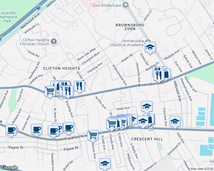 map of restaurants, bars, coffee shops, grocery stores, and more near 2714 Riedling Drive in Louisville