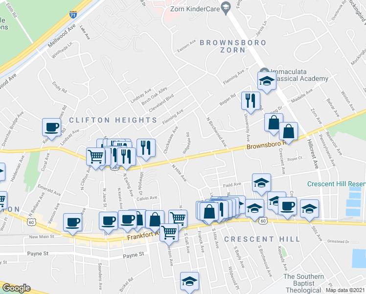 map of restaurants, bars, coffee shops, grocery stores, and more near 318 Ridgedale Road in Louisville