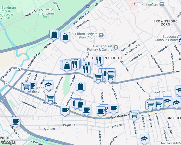 map of restaurants, bars, coffee shops, grocery stores, and more near 408 Lindsay Court in Louisville
