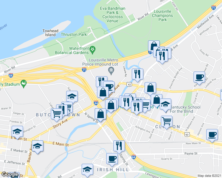 map of restaurants, bars, coffee shops, grocery stores, and more near 1635 Story Avenue in Louisville