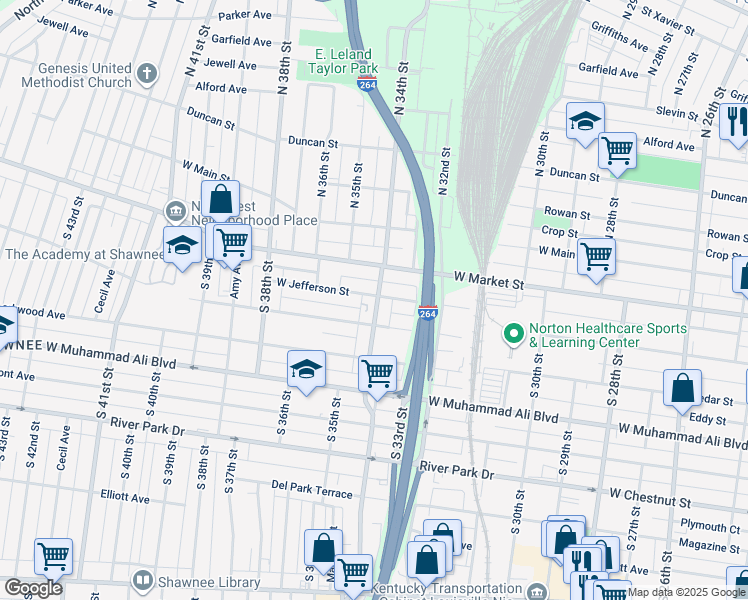 map of restaurants, bars, coffee shops, grocery stores, and more near in Louisville