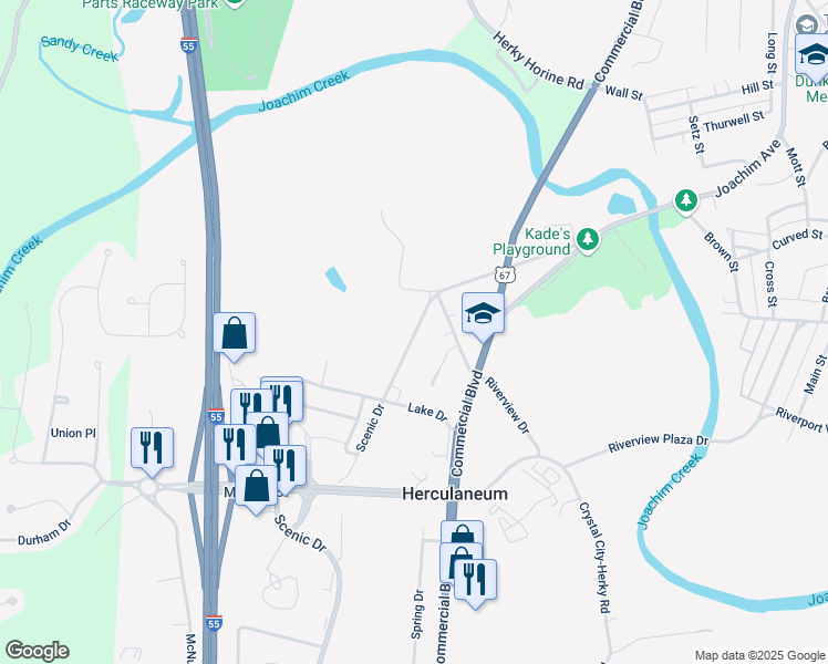 map of restaurants, bars, coffee shops, grocery stores, and more near 1032 Scenic Drive in Herculaneum