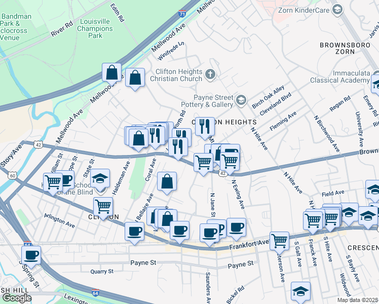 map of restaurants, bars, coffee shops, grocery stores, and more near 408 Lindsay Court in Louisville