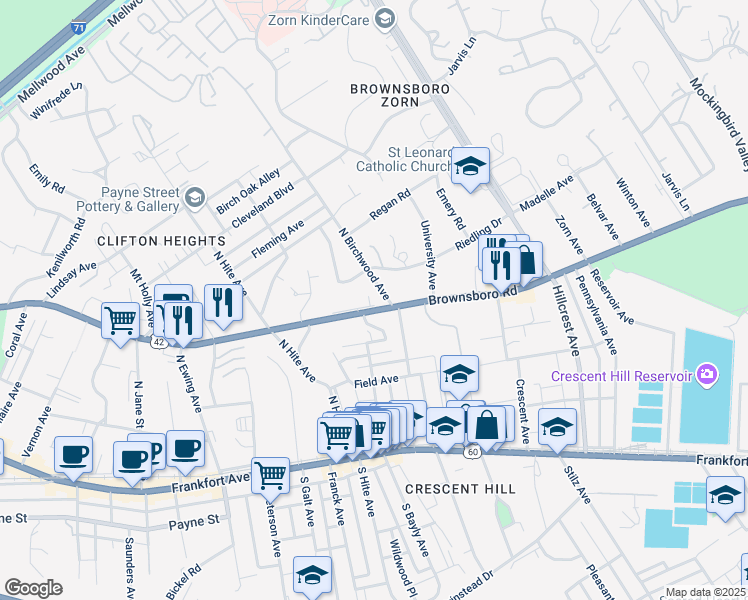 map of restaurants, bars, coffee shops, grocery stores, and more near 2739 Brownsboro Road in Louisville