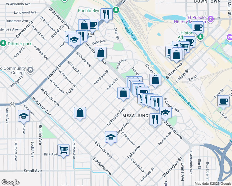 map of restaurants, bars, coffee shops, grocery stores, and more near 250-298 W Evans Ave in Pueblo