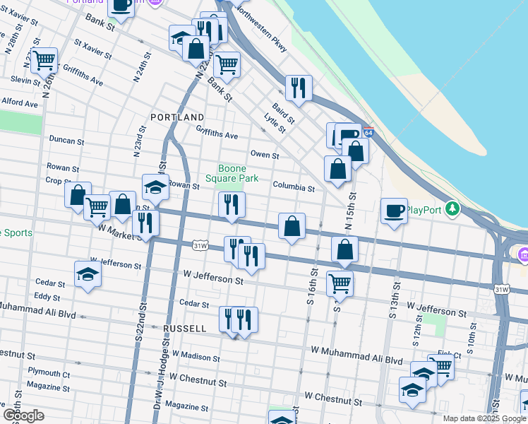 map of restaurants, bars, coffee shops, grocery stores, and more near 1818 Rowan Street in Louisville