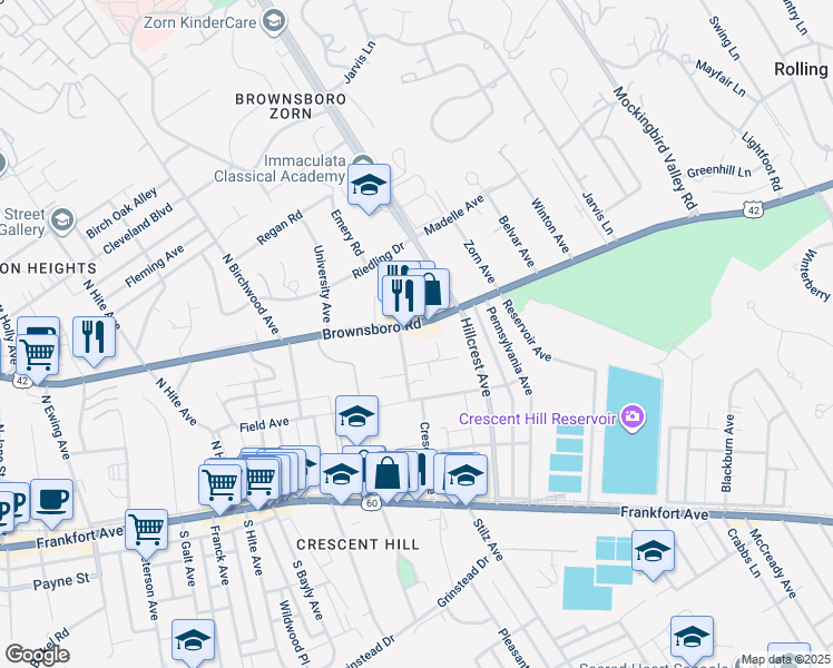 map of restaurants, bars, coffee shops, grocery stores, and more near 2915 Brownsboro Road in Louisville