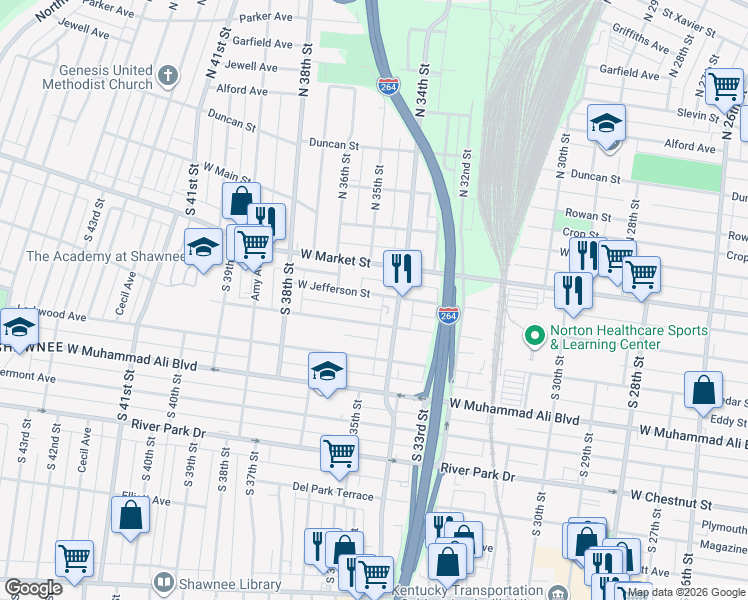 map of restaurants, bars, coffee shops, grocery stores, and more near in Louisville