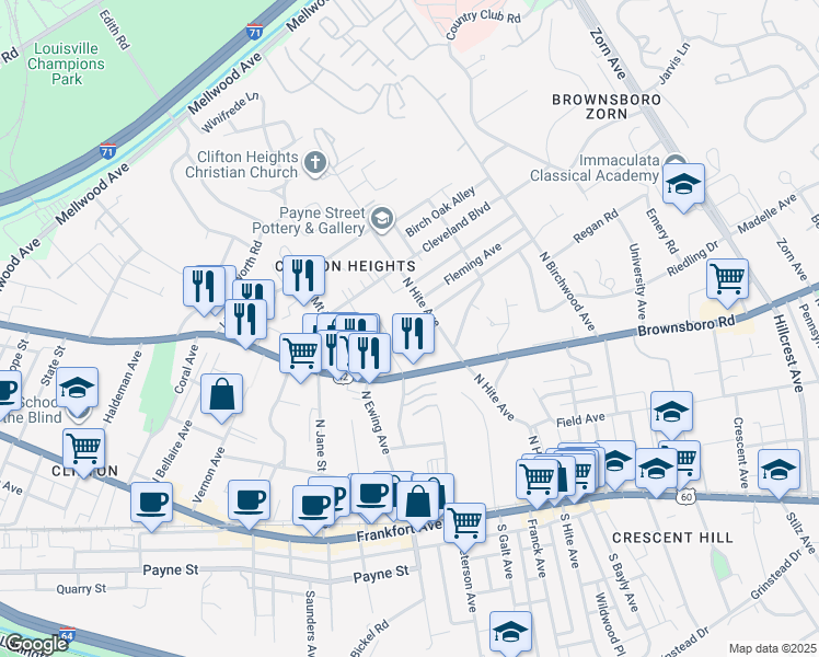 map of restaurants, bars, coffee shops, grocery stores, and more near 2600 Le Blanc Court in Louisville