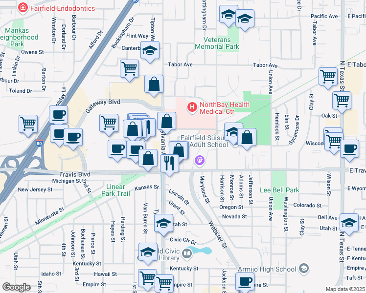 map of restaurants, bars, coffee shops, grocery stores, and more near 1189 Dana Drive in Fairfield
