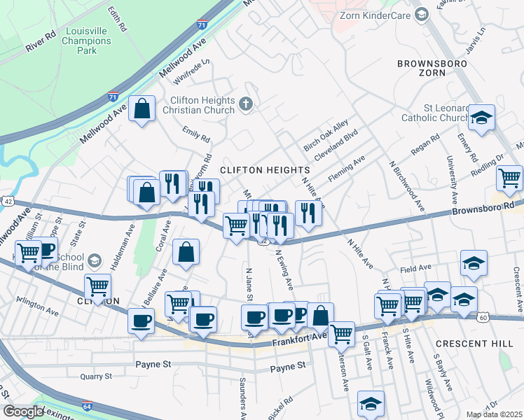 map of restaurants, bars, coffee shops, grocery stores, and more near 212 Nob Hill Lane in Louisville