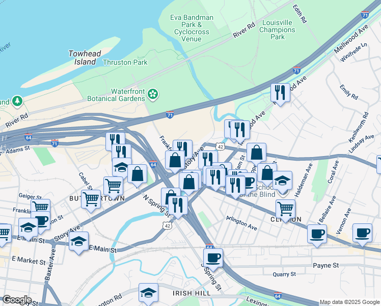 map of restaurants, bars, coffee shops, grocery stores, and more near 1635 Story Avenue in Louisville