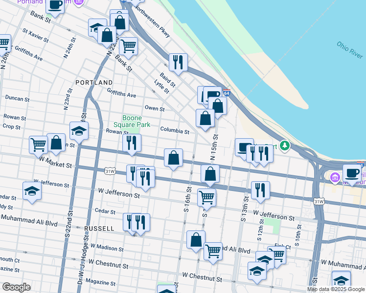 map of restaurants, bars, coffee shops, grocery stores, and more near 1633 Rowan Street in Louisville