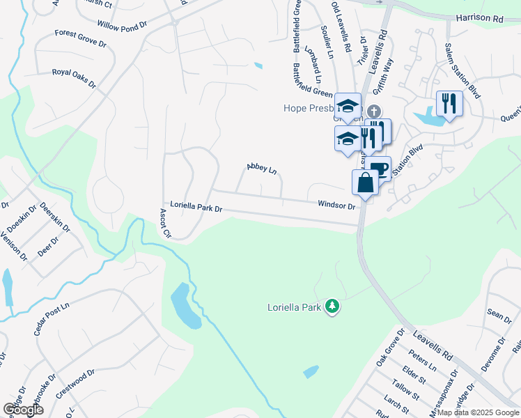 map of restaurants, bars, coffee shops, grocery stores, and more near 6035 Loriella Park Drive in Fredericksburg
