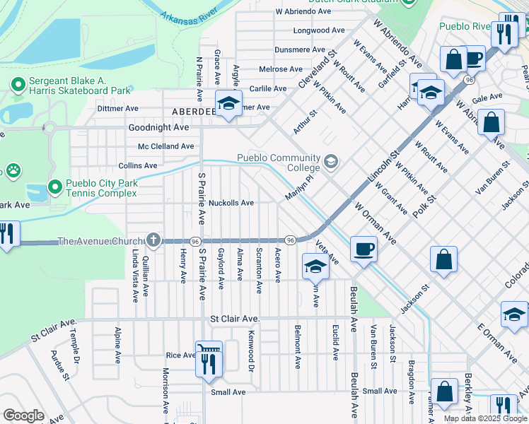 map of restaurants, bars, coffee shops, grocery stores, and more near 406 Scranton Avenue in Pueblo