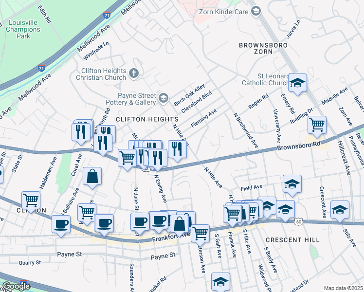 map of restaurants, bars, coffee shops, grocery stores, and more near 2604 Le Blanc Court in Louisville