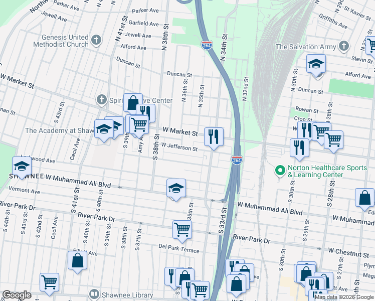 map of restaurants, bars, coffee shops, grocery stores, and more near 3442 West Jefferson Street in Louisville