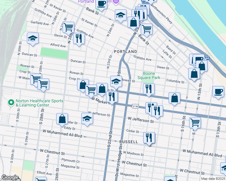 map of restaurants, bars, coffee shops, grocery stores, and more near West Main Street in Louisville