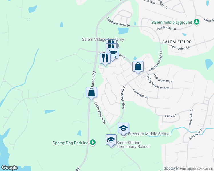 map of restaurants, bars, coffee shops, grocery stores, and more near 7108 Finch Lane in Fredericksburg