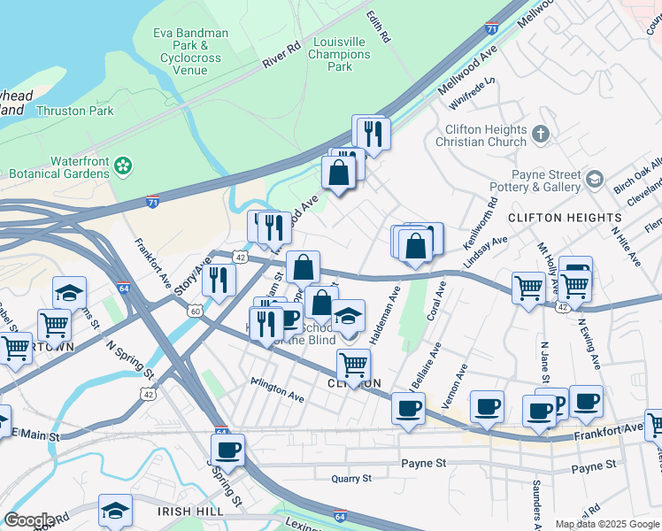 map of restaurants, bars, coffee shops, grocery stores, and more near 1861 Brownsboro Road in Louisville