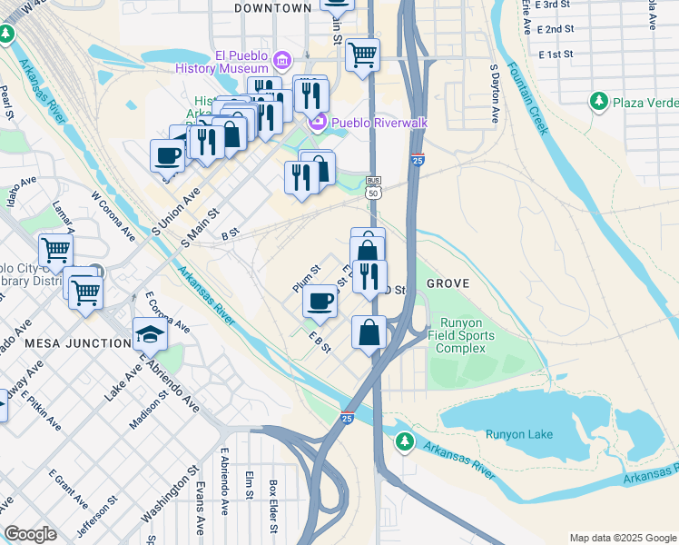 map of restaurants, bars, coffee shops, grocery stores, and more near 600-644 East D Street in Pueblo