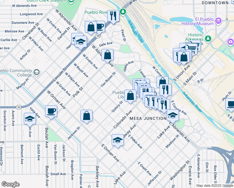 map of restaurants, bars, coffee shops, grocery stores, and more near 250-298 W Evans Ave in Pueblo