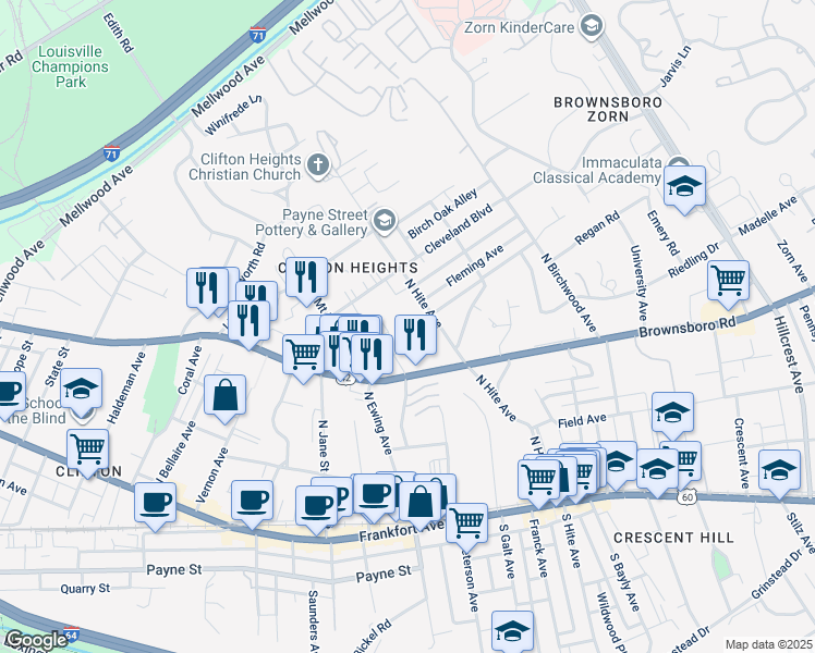 map of restaurants, bars, coffee shops, grocery stores, and more near 2607 Le Blanc Court in Louisville