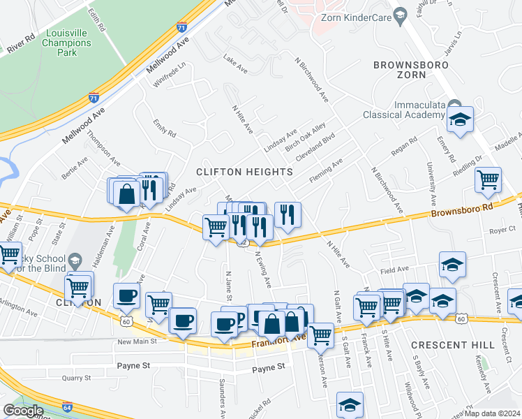 map of restaurants, bars, coffee shops, grocery stores, and more near 333 Idlewylde Drive in Louisville