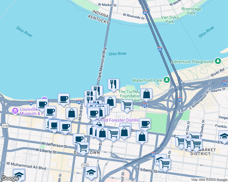 map of restaurants, bars, coffee shops, grocery stores, and more near in Louisville
