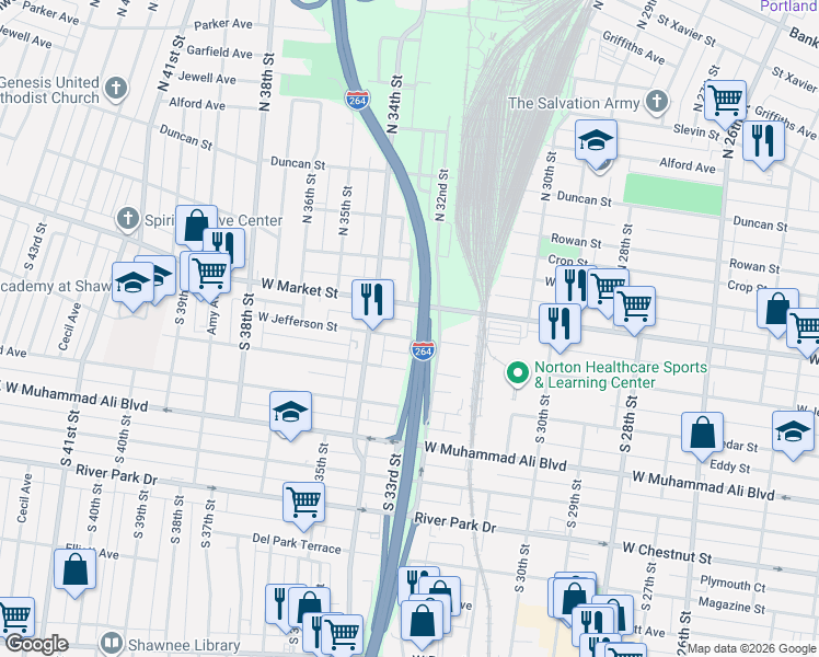 map of restaurants, bars, coffee shops, grocery stores, and more near 3300 West Market Street in Louisville
