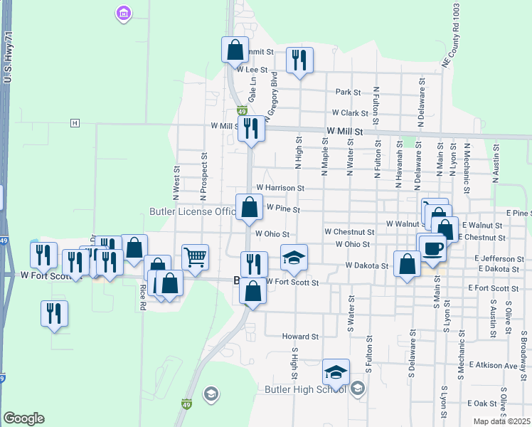 map of restaurants, bars, coffee shops, grocery stores, and more near 622 West Pine Street in Butler