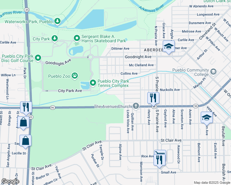 map of restaurants, bars, coffee shops, grocery stores, and more near 3225 Nuckolls Avenue in Pueblo